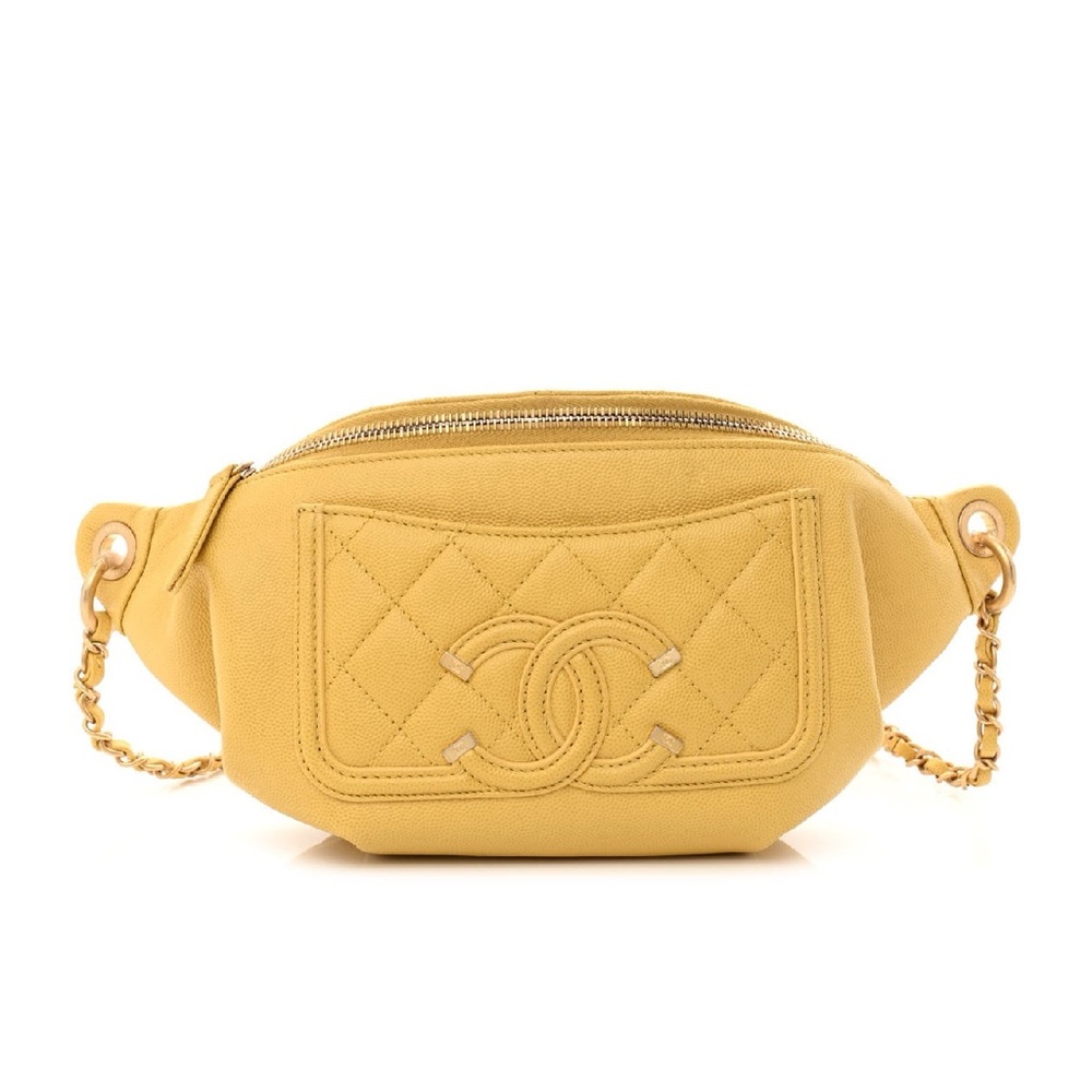 CHANEL Yellow Caviar Quilted Filigree Waist Crossbody Bag